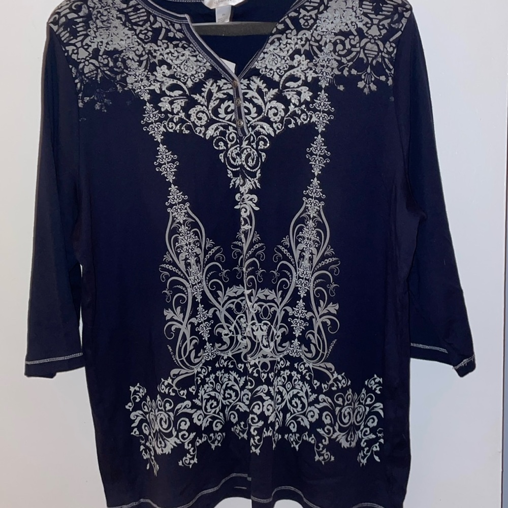 Cj banks 3/4 sleeve navy blouse w design
